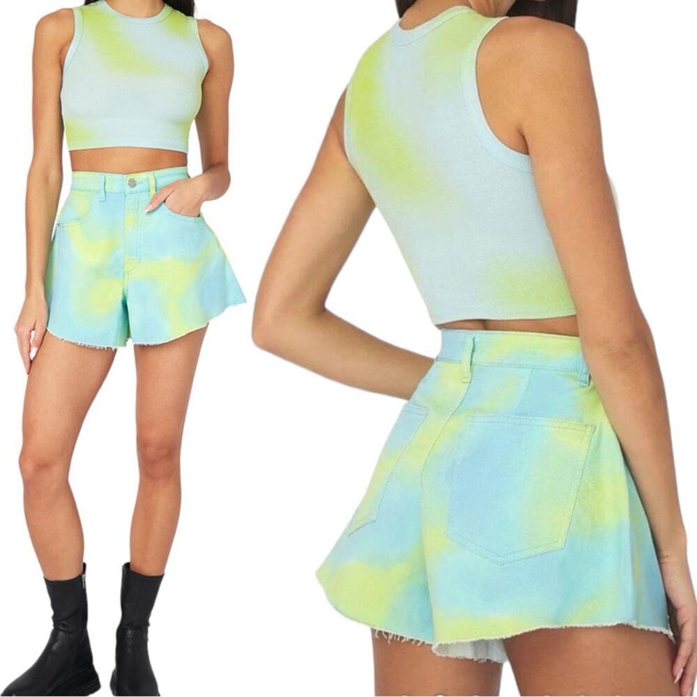 NWT WeWoreWhat High Rise Flare Bell Short Tye Dye Stretch Twill denim Size 25 2